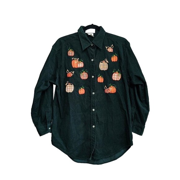 Mandal Bay Corduroy Button Up Shirt Women's Size Small Green Autumn Pumpkins - Picture 1 of 4